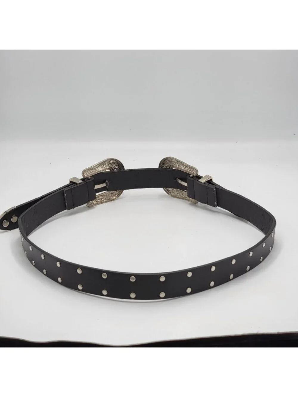 Western-Style Black Leather Belt With Dual Ornate Silver Buckles & Stud Details